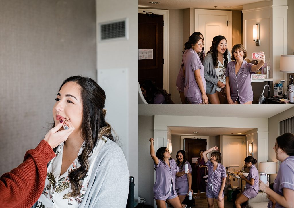 A collage of images during a bride's getting ready time for her wedding in Pontiac, Michigan.