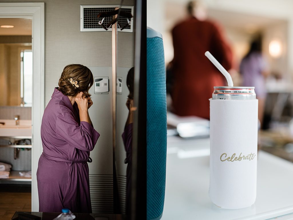 Collage of two images: one of mother of the bride putting in an earring next to a mirror, and another is a white claw in a coozy that says "Celebrate" in gold. 