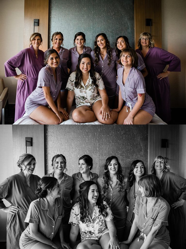 Two images of a bride and all there bridesmaids in matching PJs.