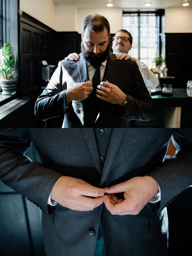Collage of groom getting ready and buttoning his suit for his Pontiac, Michigan wedding. 