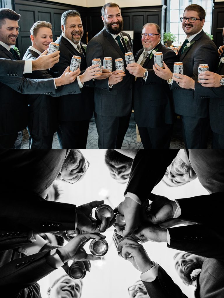 Groom and his groomsmen holding up Busch's beer to toast before the wedding. 