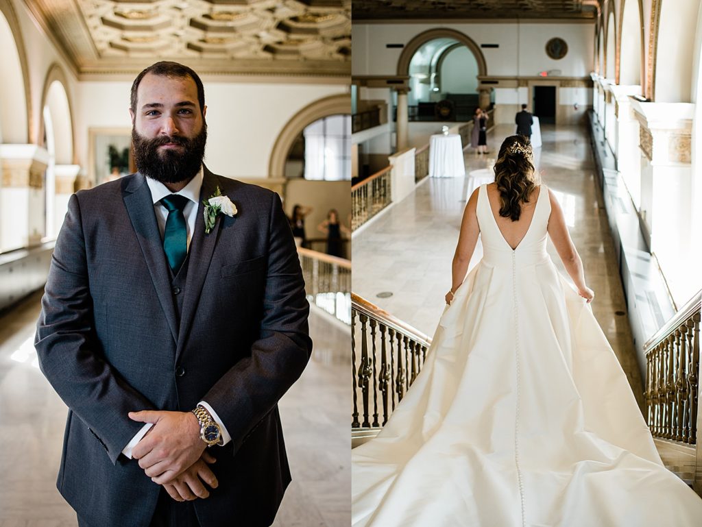 Two images side by side of bride and groom preparing for their first look at their Pontiac wedding in Michigan.