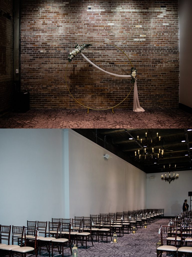 Collage of room shots from a wedding ceremony before people arrive. | Wedding at The Treasury Pontiac, Michigan