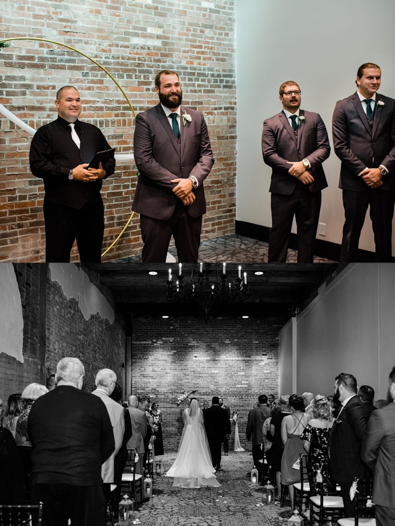 Collage of groom watching his bride walk down the aisle, and the bride arriving at the alter.