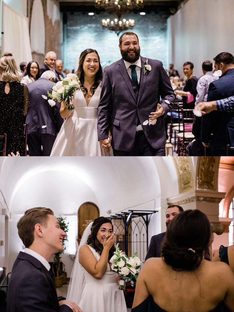 Collage of bride and groom walking down the aisle after ceremony, and bride wiping her eyes while talking with friends. 