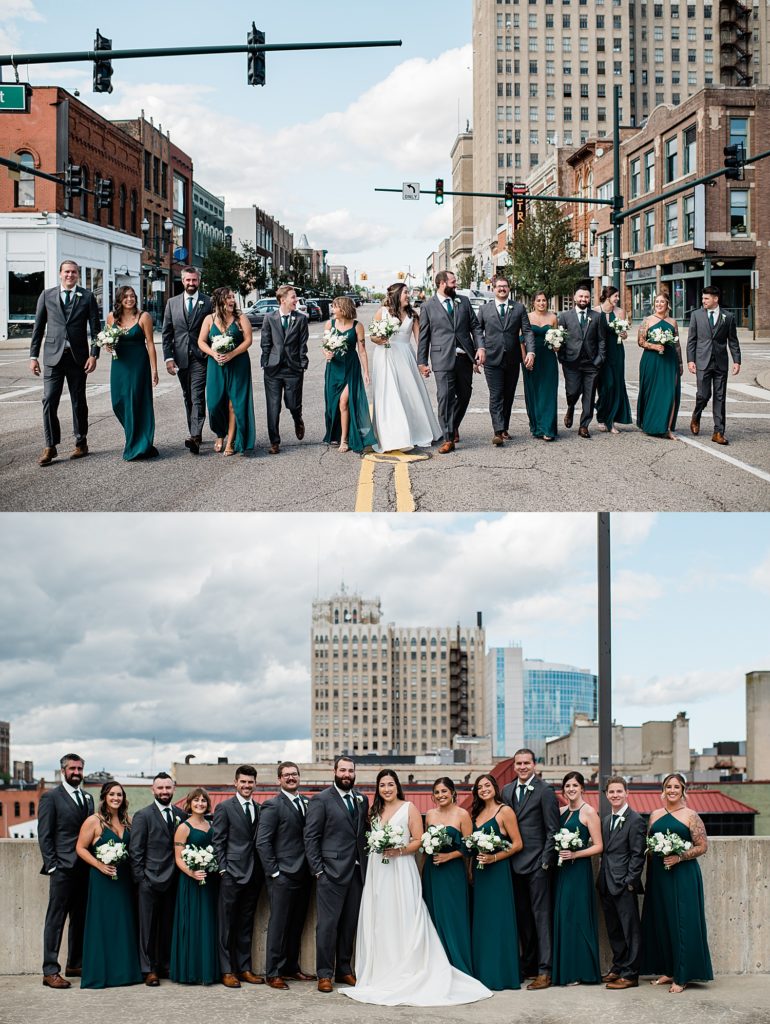 Collage of wedding party shots on a downtown street and rooftop.