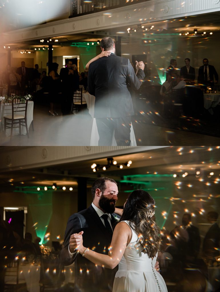 Bride and groom sharing their first dance, and the image has artistic prisms across them. 