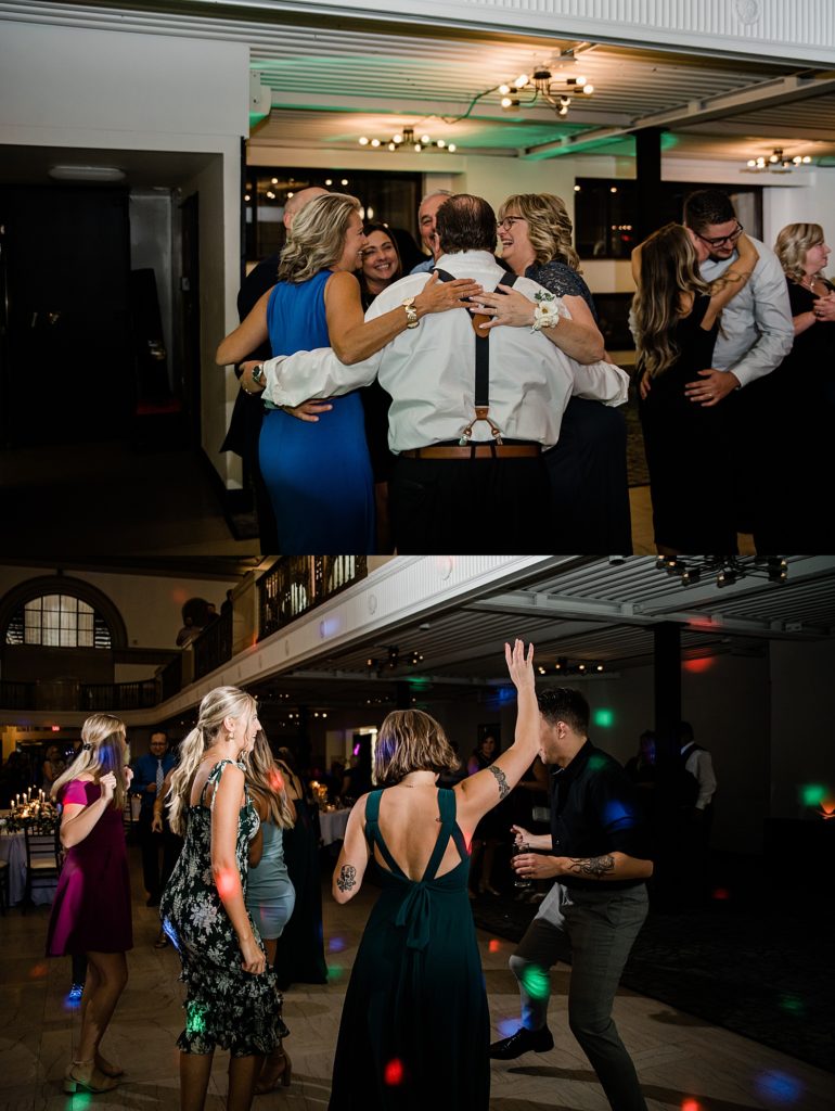 Guests dancing at a wedding reception.