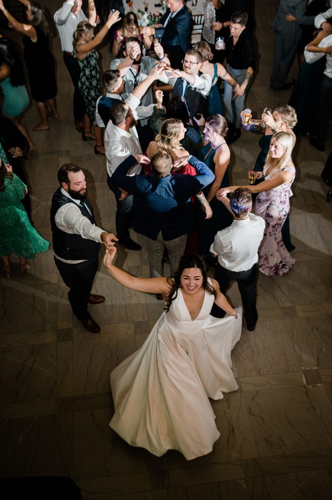 Photo from a balcony of a dance floor at a Pontiac wedding. 