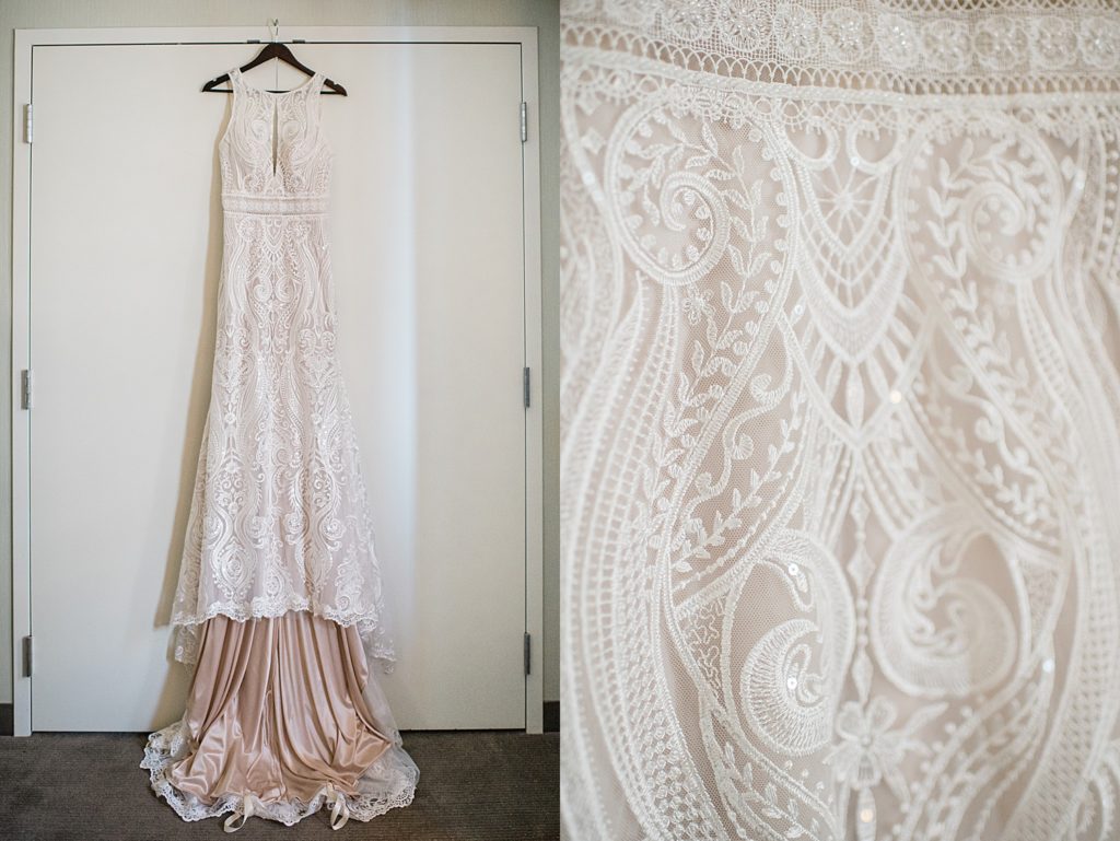 Two image collage of a wedding dress and the lace detail on the waist. 