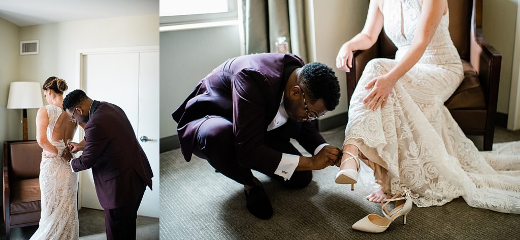 Two image collage of a bride getting her dress and shoes on with the help of her groomsman. 