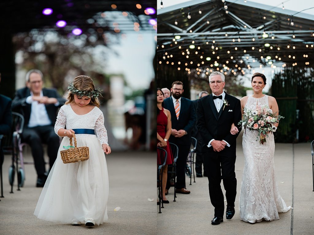 Two image collage of a flower girl walking down the aisle, and then the bride and her father following. 