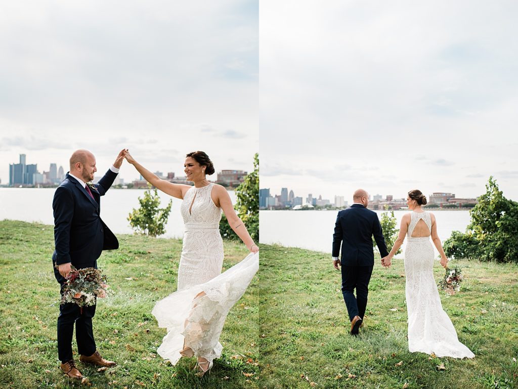 Two image collage of bride and groom. In one shot they are dancing, the other one they are walking away from there camera. 