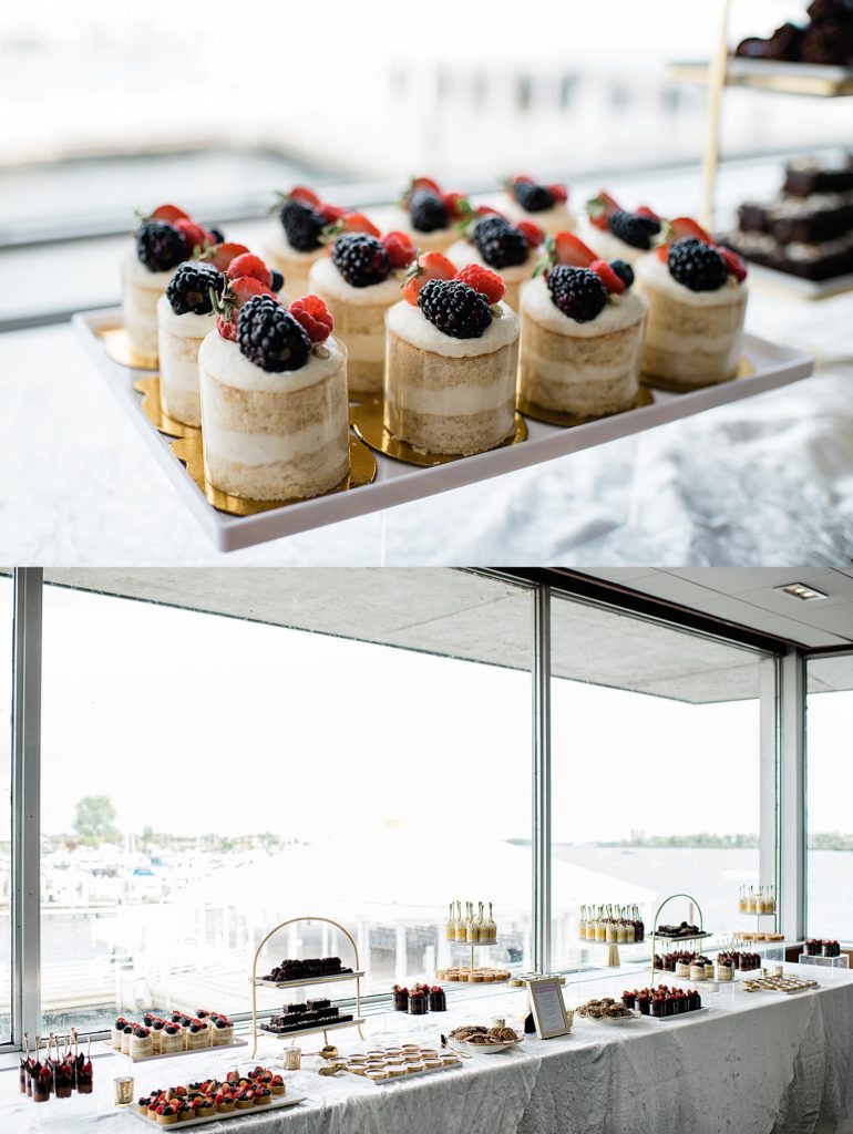 Two image collage of a dessert table at a wedding reception. 