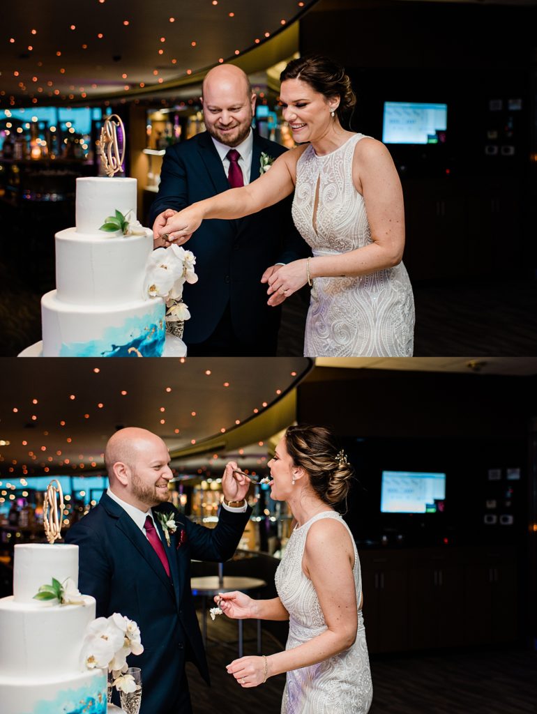 Two image collage of a bride and groom cutting & eating their cake. 