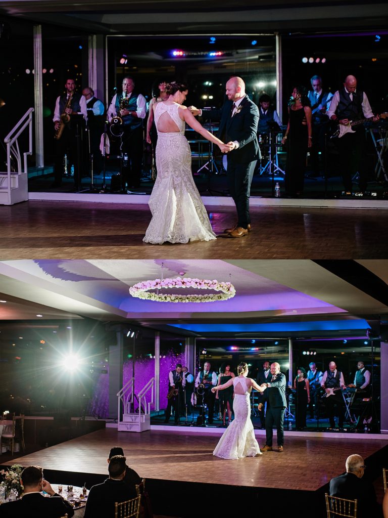 Two image collage of bride and groom dancing on a stage to a live band at their wedding reception. 
