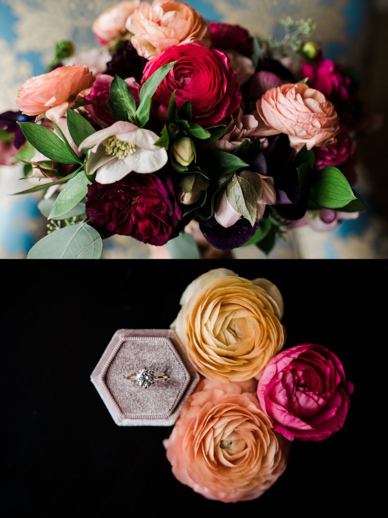 Two image collage of a beautiful wedding florals and a ring in a box.