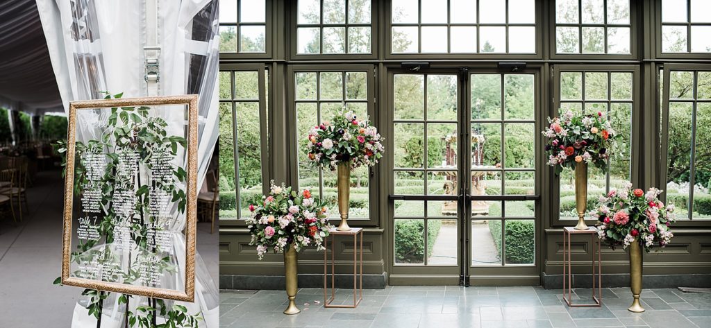 Two image collage of the greenhouse features at The Royal Park Hotel, and the seating list at a wedding there.
