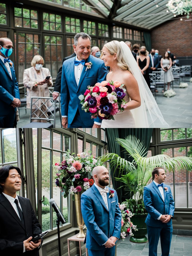 Two image collage of bride walking down the aisle and the groom's reaction. 