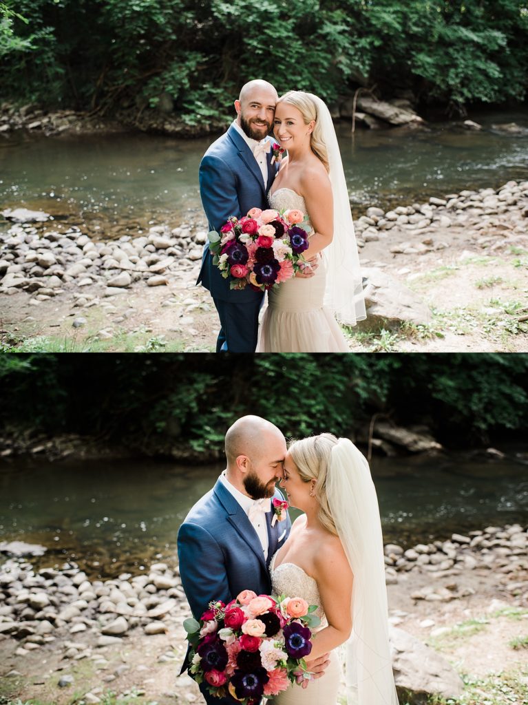 Two image collage of a bride and groom next to a creek in Rochester Hills. 