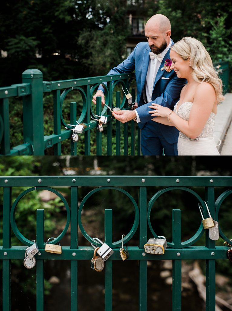 Two image collage of bride and groom attaching a lock to a bridge.