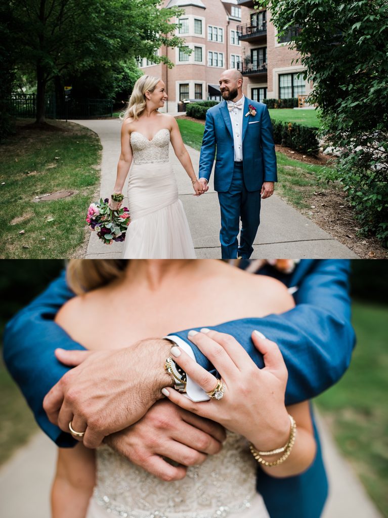 Two image collage of bride and groom walking towards the camera, and an unclose of their hands all wrapped up together.