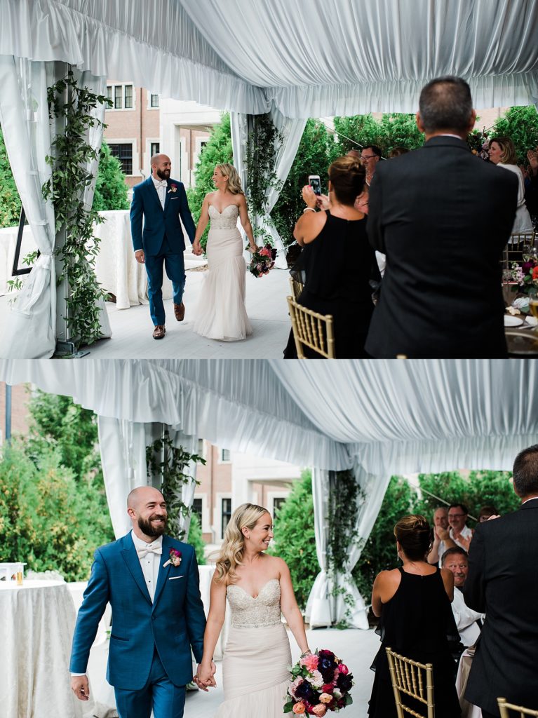 Two image collage of bride and groom walking into a reception outdoors at The Royal Park Hotel in Rochester Hills.