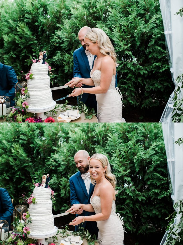 Two image collage of a bride and groom cutting their cake.