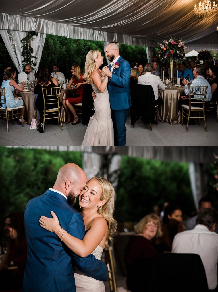 Two image collage of a bride and groom sharing their first dance at The Royal Park Hotel in Rochester Hills.