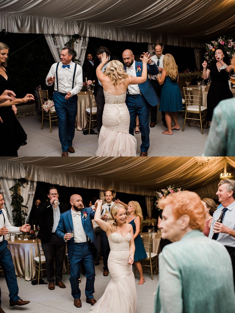 Bride and groom dancing with their guests at their wedding reception.