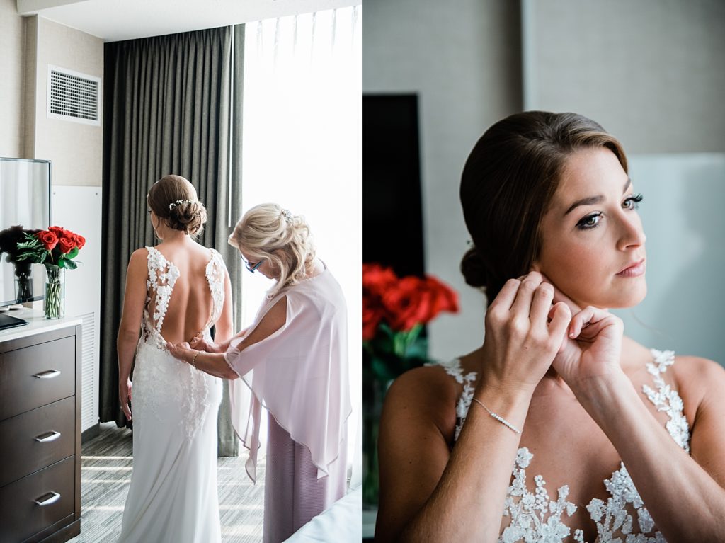 Two image collage of a bride getting ready before her wedding. 