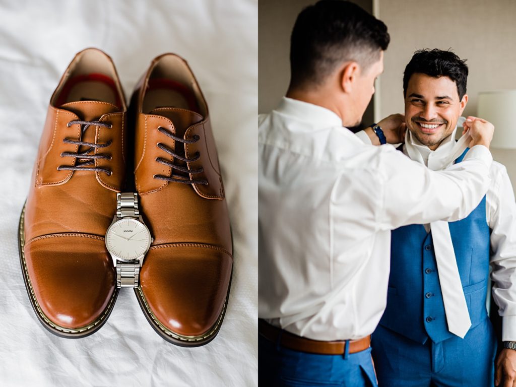 Two image collage of a groom getting ready before his Waterview Loft Wedding.