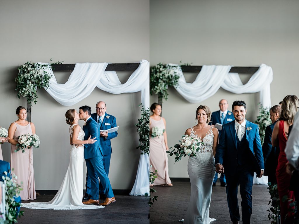 Two image collage of a bride and groom kissing at the alter and then walking down the aisle together.