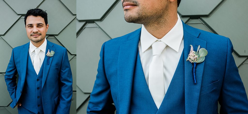 Two image collage of groom portraits in a blue suit for his Waterview Loft Wedding. 
