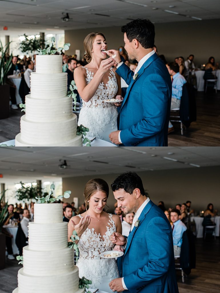 Bride and groom feeding each other cake in a two image collage.