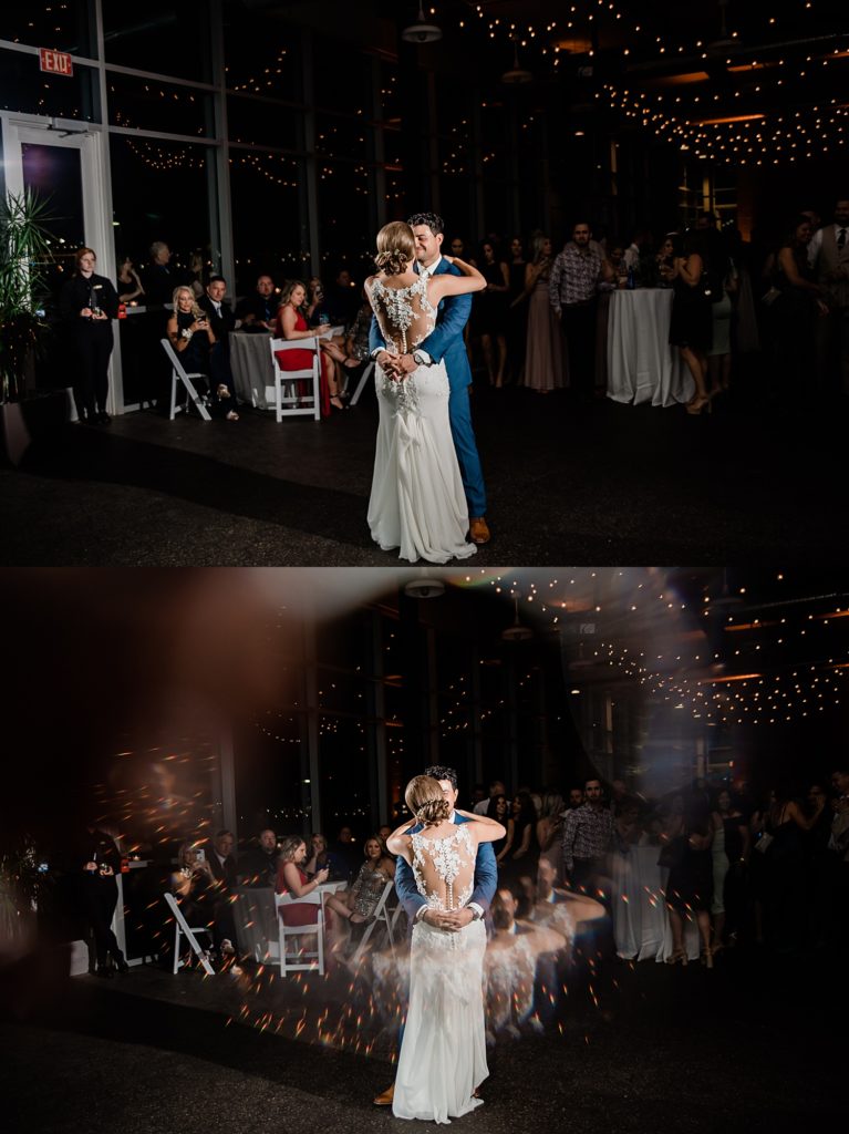 Two image collage of a bride and groom sharing their first dance. 