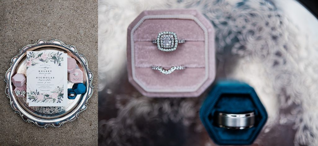 Two image collage of rings and details in a flat lay at a wedding. 