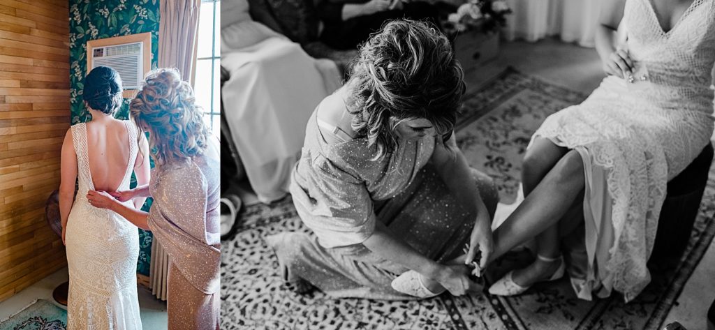 Two image collage of a bride getting ready for her Benton Harbor Wedding.