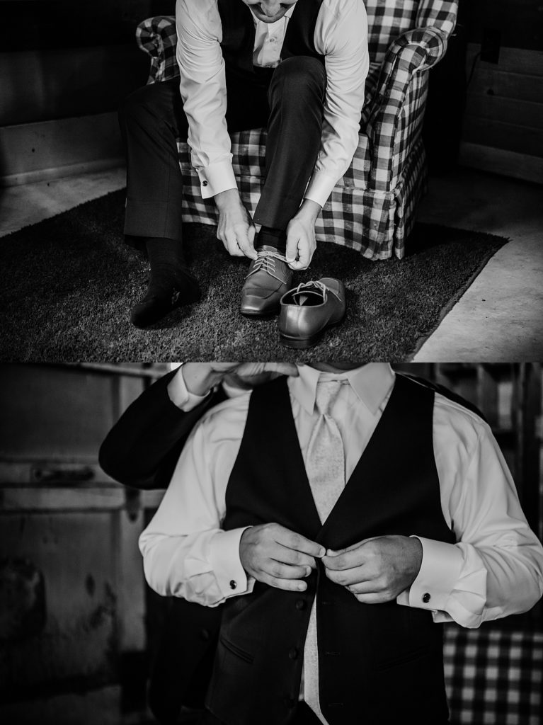 Two image collage of black and white detail pictures of a groom getting ready. 