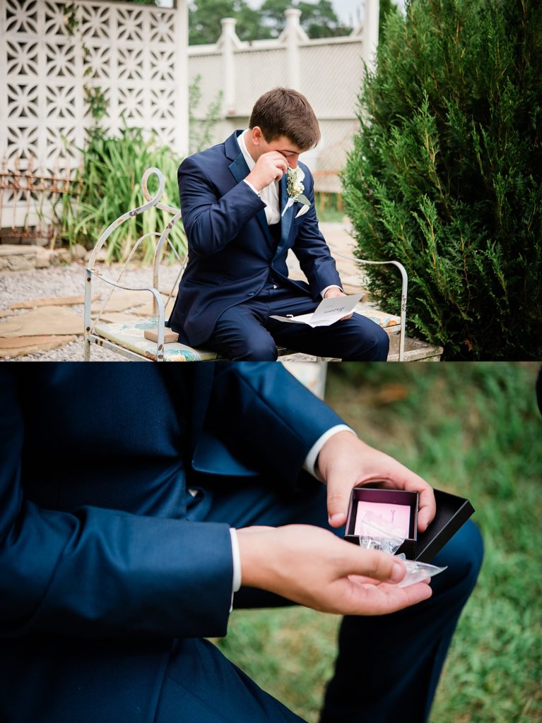 Two image collage of a groom reading a letter & wiping away a tear. 