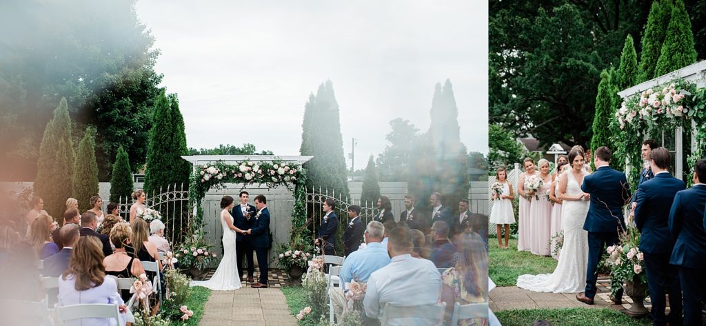 Two image collage of a beautiful pastel garden wedding.