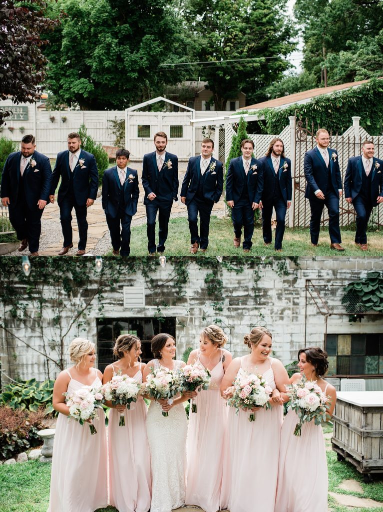 Two image collage of groom with groomsmen and bride with bridesmaids. 