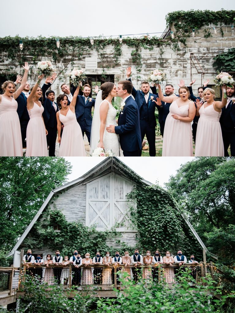 Two image collage of wedding party with bride and groom at this Benton Harbor Wedding.