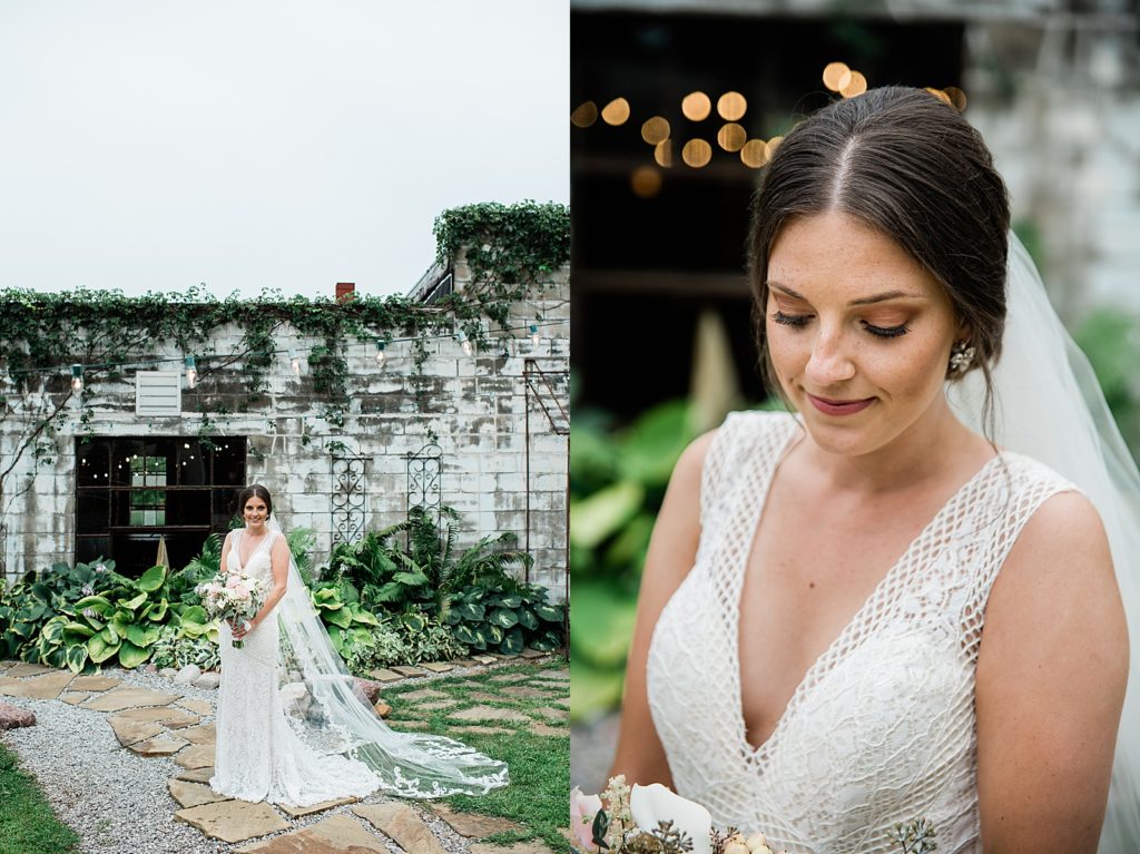 Two image collage of bride in a garden. 