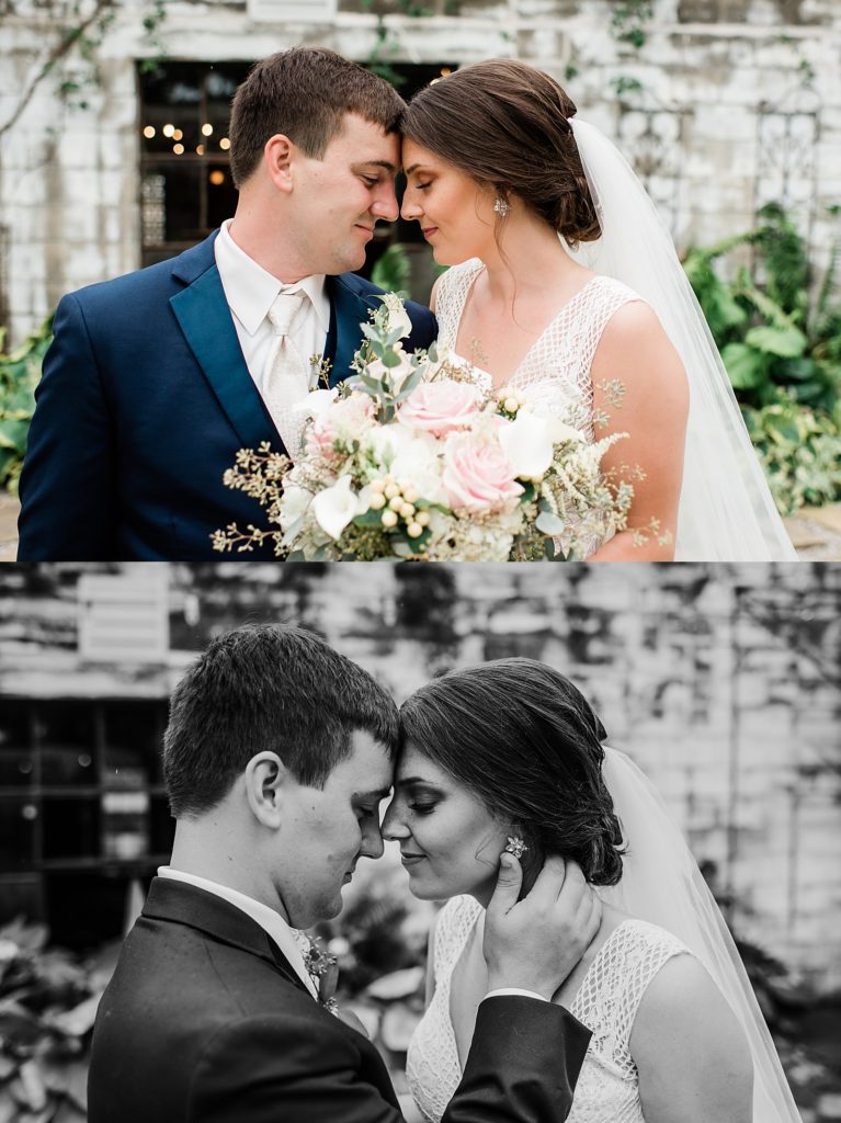Two image collage of a bride and groom embracing. 