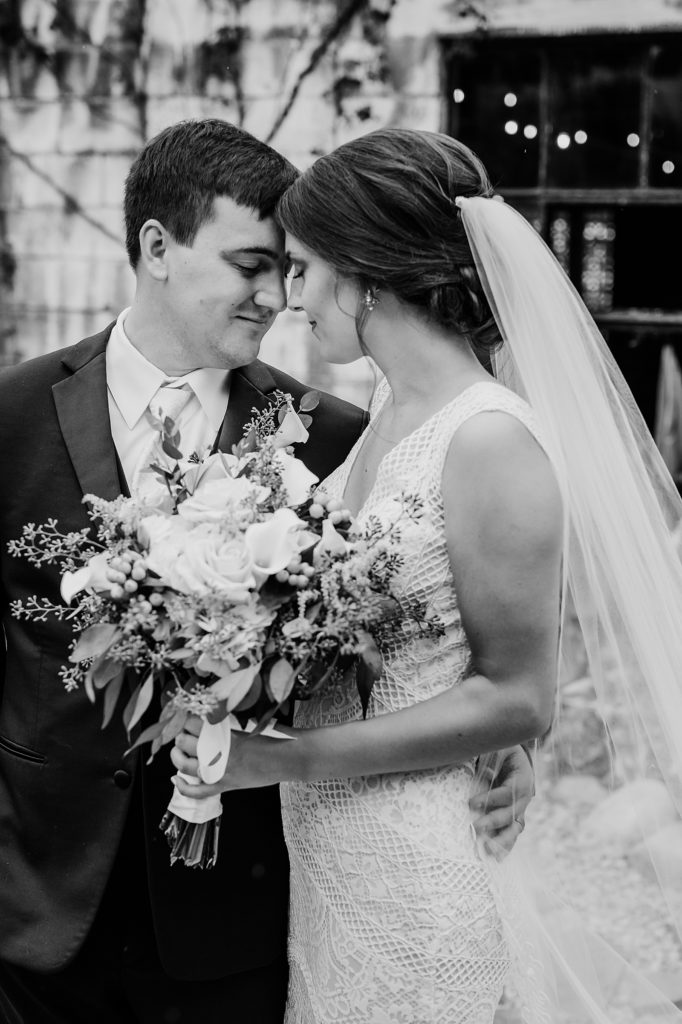 Black and white image of a bride and groom at their Benton Harbor Wedding. 