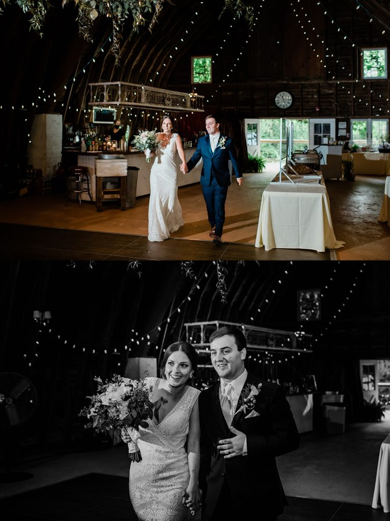 Two image collage of bride and groom walking into their wedding reception under twinkle lights. 