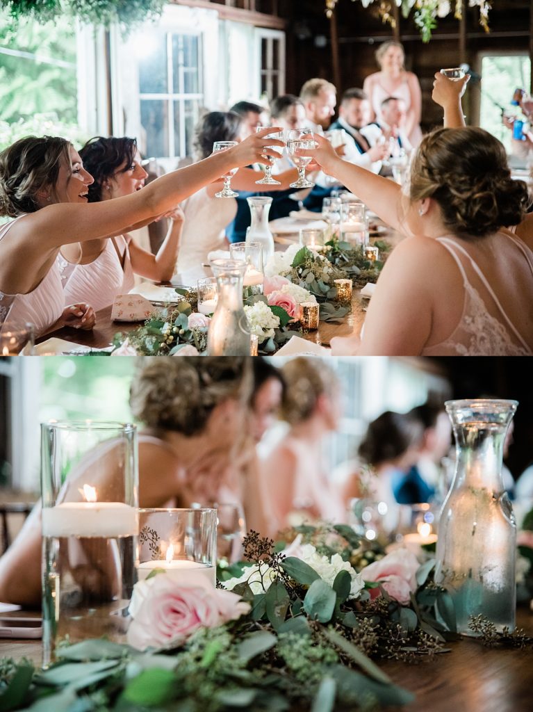 Detail shots of people toasting at a wedding. 