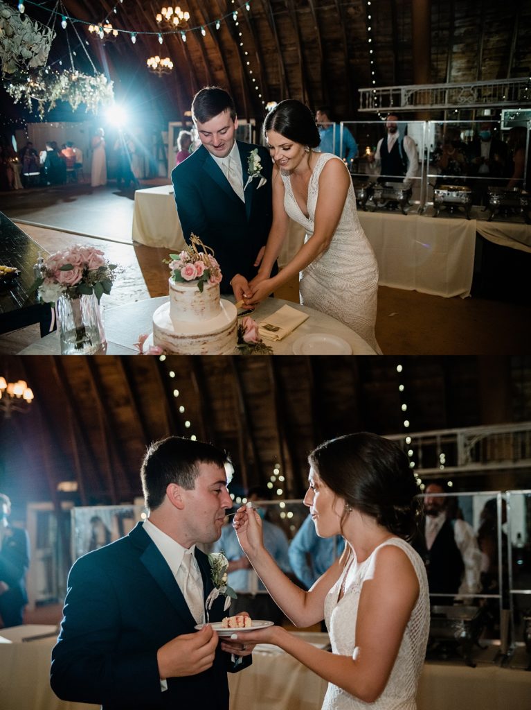 Two image collage of bride and groom cutting their cake. 