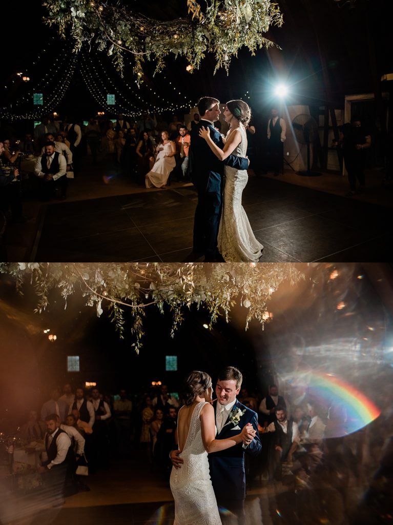 Two image collage of bride and groom sharing their first dance at their Benton Harbor Wedding.